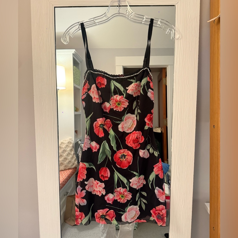 Danielle Guizio Floral Black Slip Dress with Red & Pink Blooms